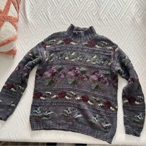 Vintage Mock Neck Floral Knit Sweater in Gray Blue and Purple